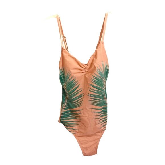 Xhilaration Pink Tropical Palm Print Scoop Neck One Piece Bathing Suit - Picture 1 of 10